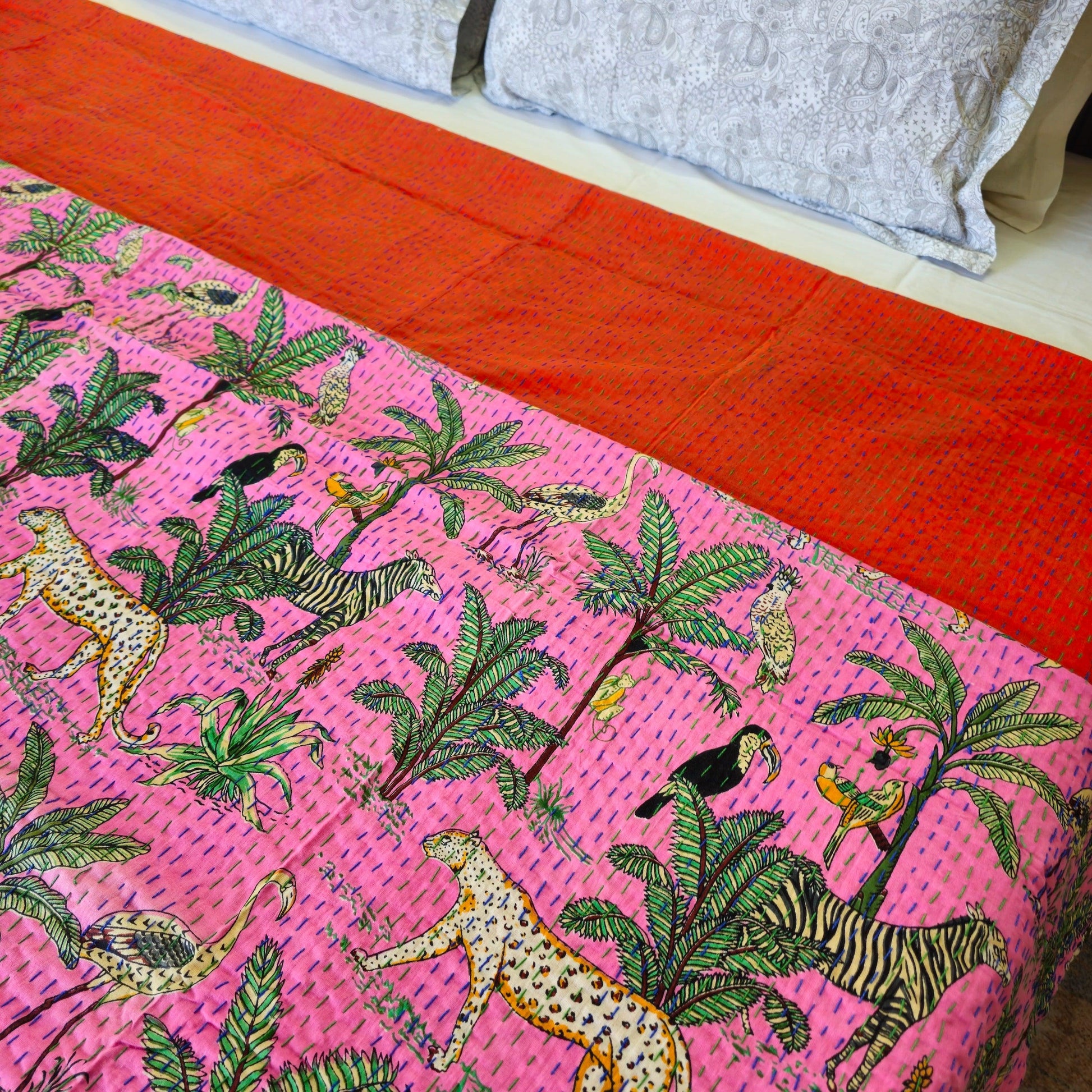 Animal Print Pink Kantha Work Bedcover