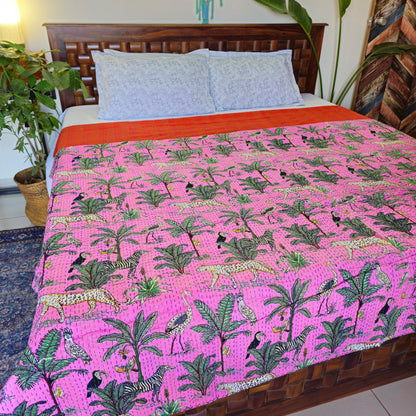 Animal Print Pink Kantha Work Bedcover