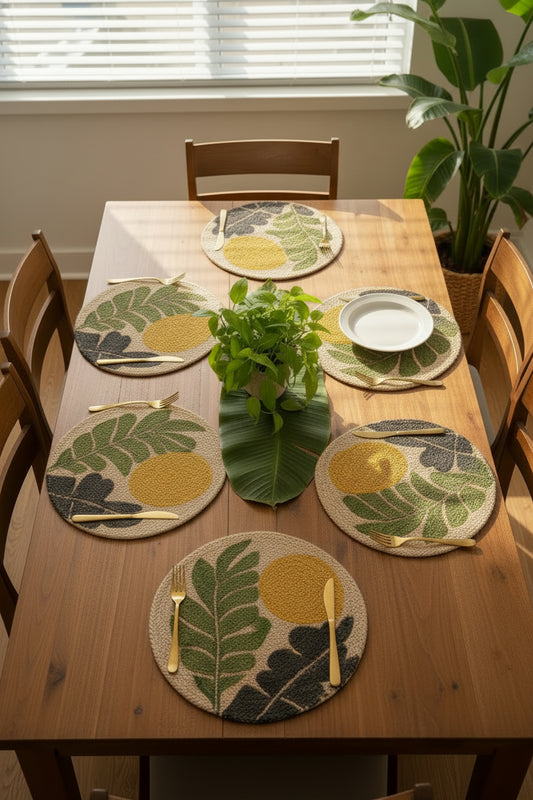 Banana Leaves & Sun Hand-Painted Jute Mat