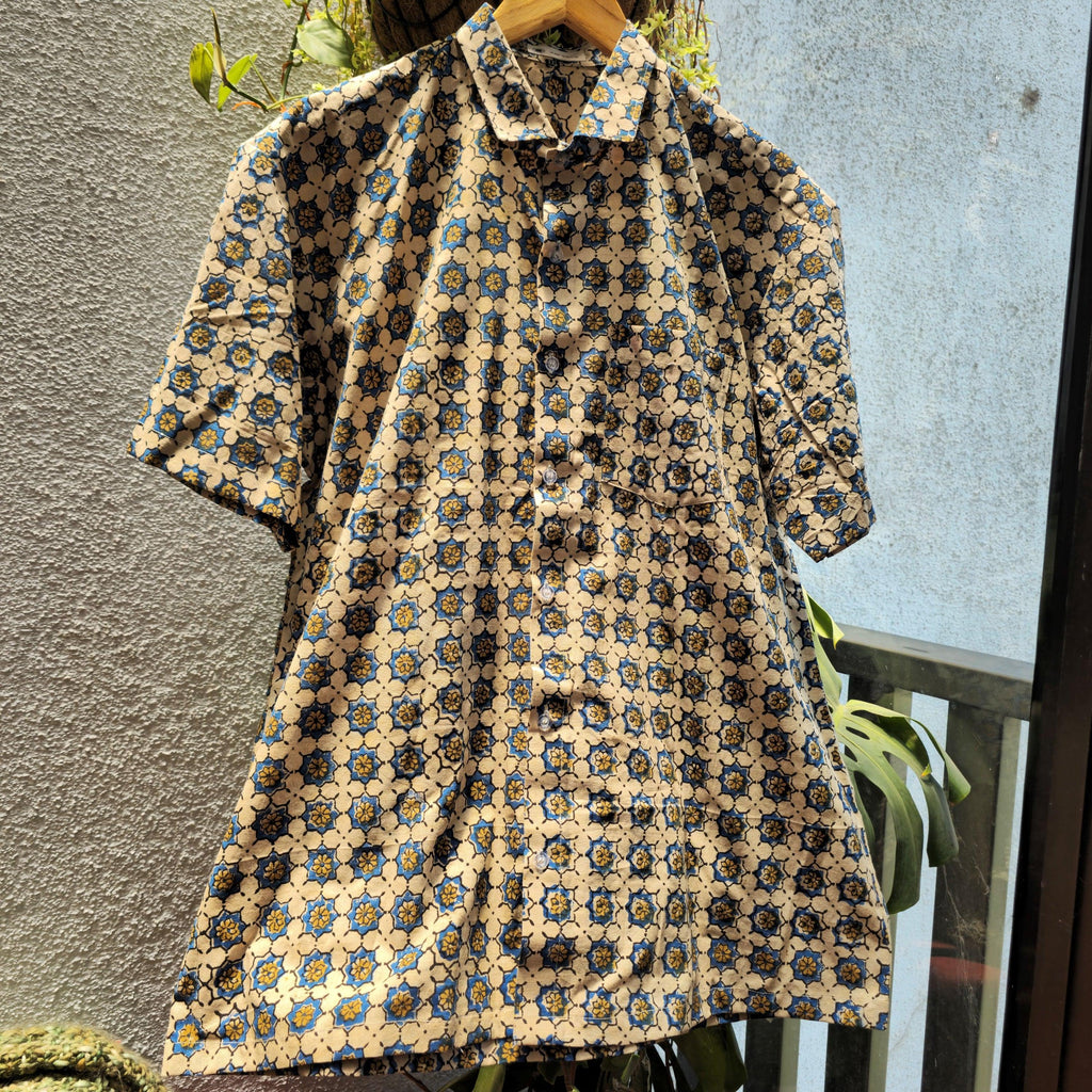 Beige And Blue Ajrakh Print Men's Cotton Shirt