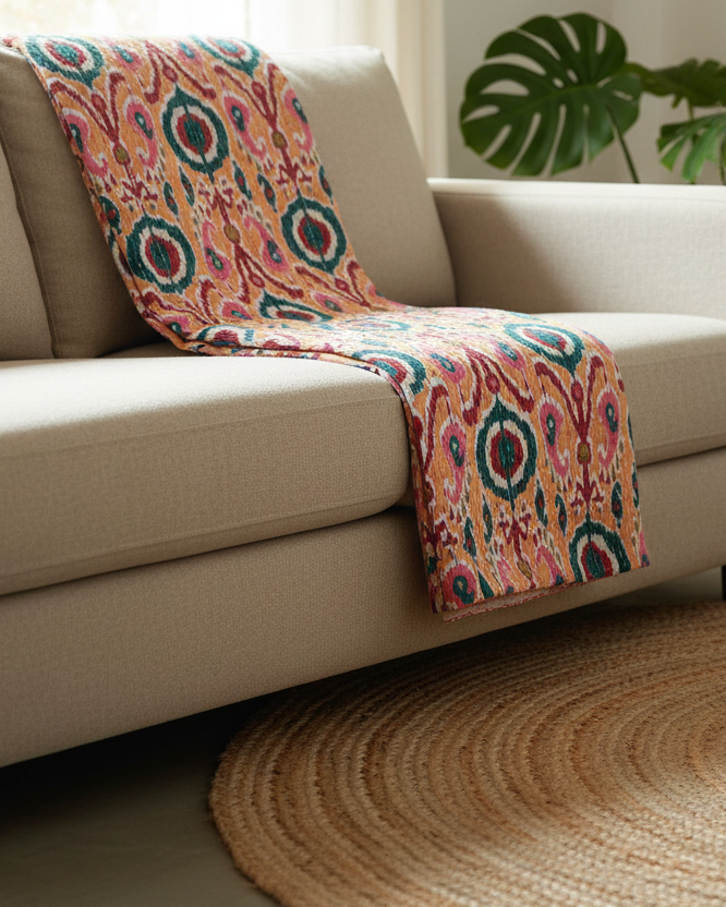 Beige sofa with a colorful patterned throw blanket in a living room setting.