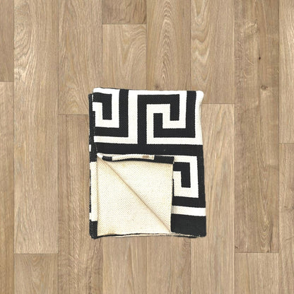 Black-White Geometric Pattern Cotton Rug | Handwoven Dhurrie