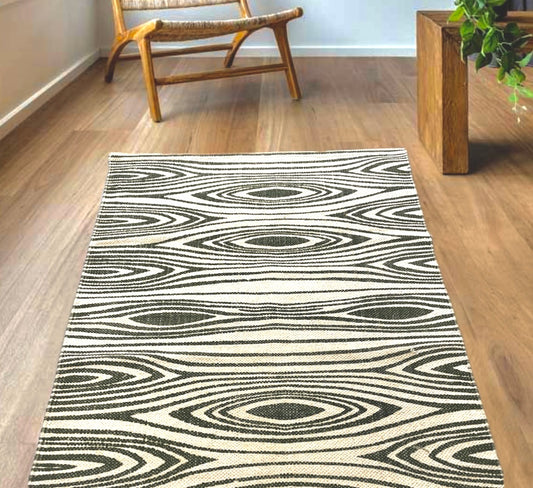 Black-White Wood Pattern Cotton Rug | Handwoven Dhurrie