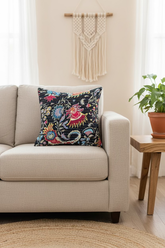 Black Floral Kantha Work Cushion Cover | Hand-Stitched Cotton Throw Pillow