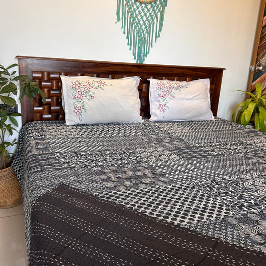 Black Kantha Work Bedcover With White Motifs
