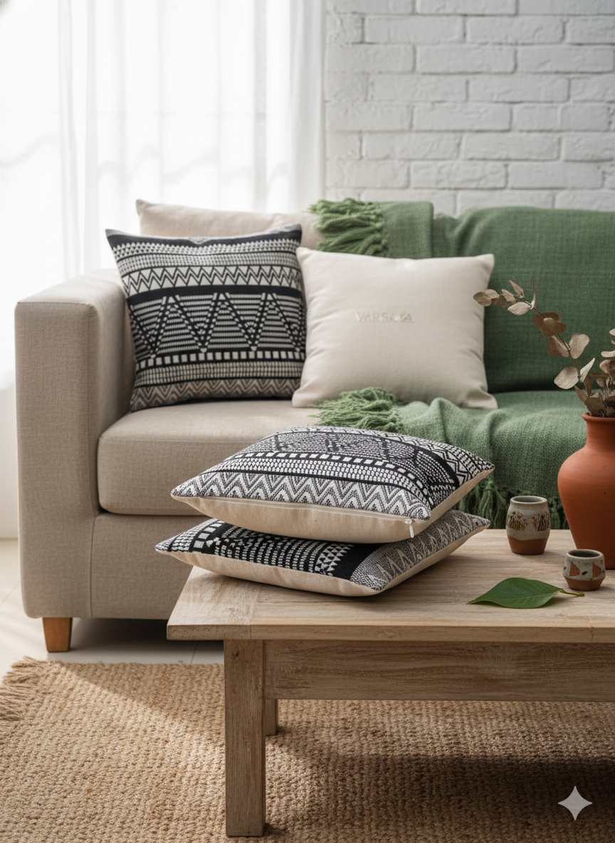 Black & White Jacquard Handloom Cotton Cushion Cover