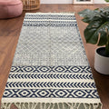 6x3 ft Black & White Leaf and Geometric Motif Cotton Dhurrie with Tassels