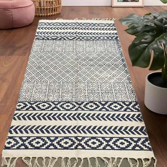 6x3 ft Black & White Leaf and Geometric Motif Cotton Dhurrie with Tassels