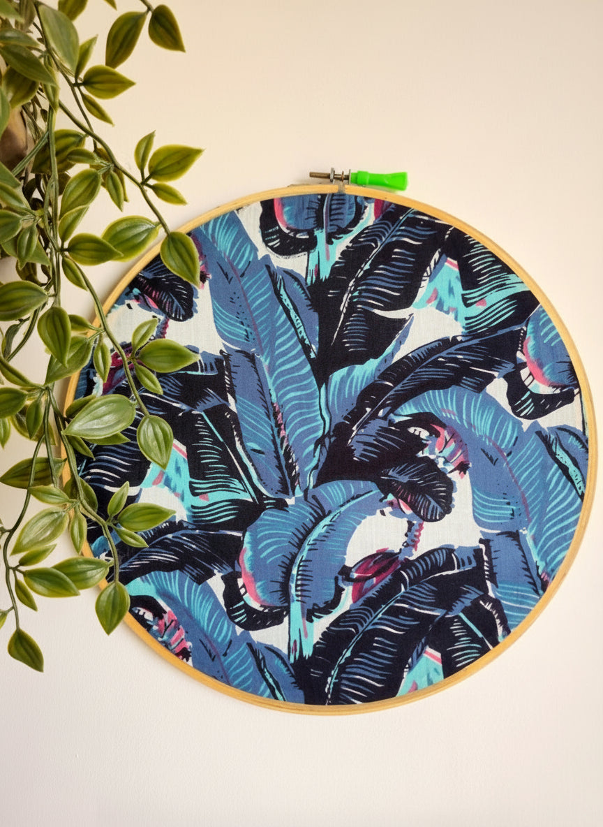 Black and Blue Banana Leaf Embroidery Hoop