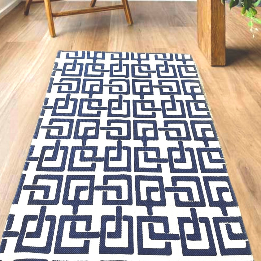 Blue-White Geometric Square Pattern Cotton Rug | Handwoven Dhurrie|image2