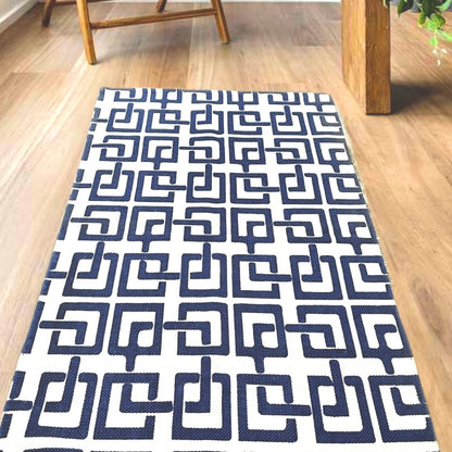 Blue-White Geometric Square Pattern Cotton Rug | Handwoven Dhurrie|image2