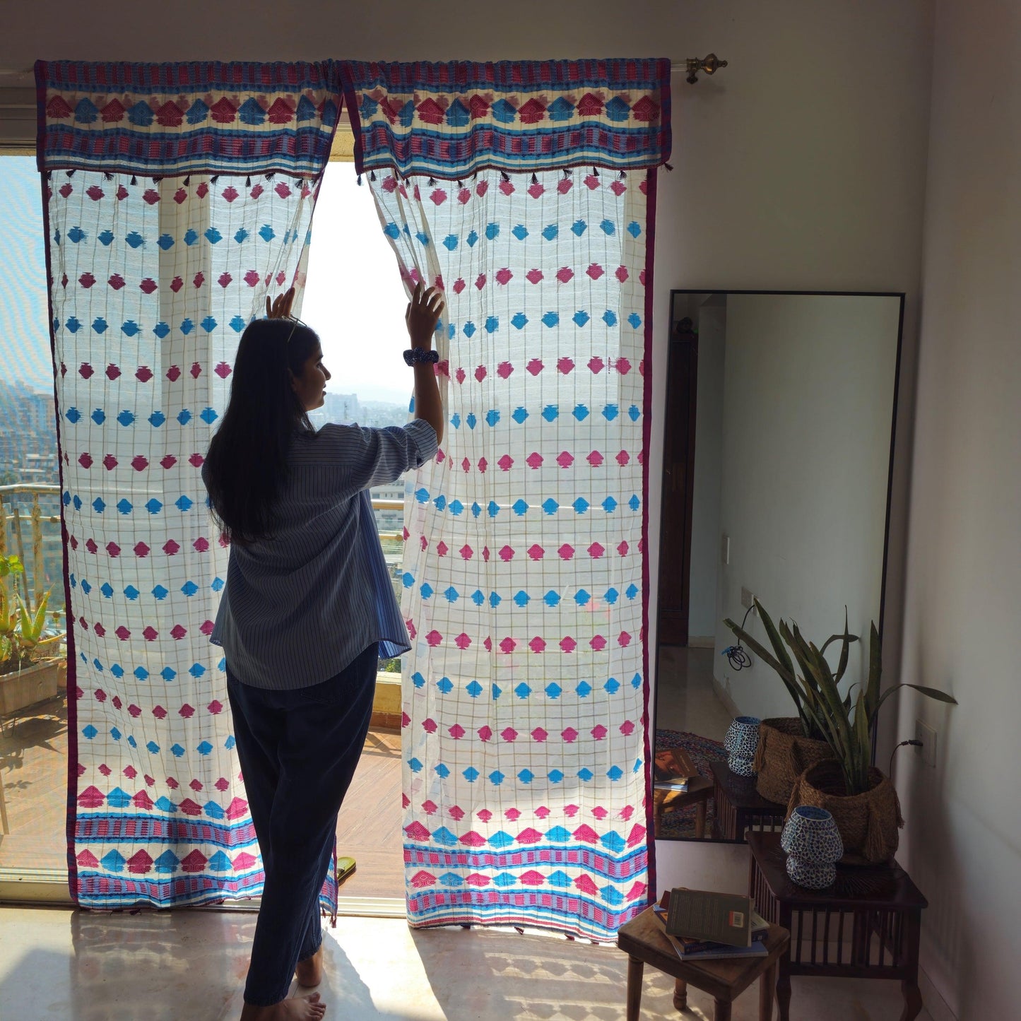 Blue And Purple Assamese Handloom Sheer Curtains