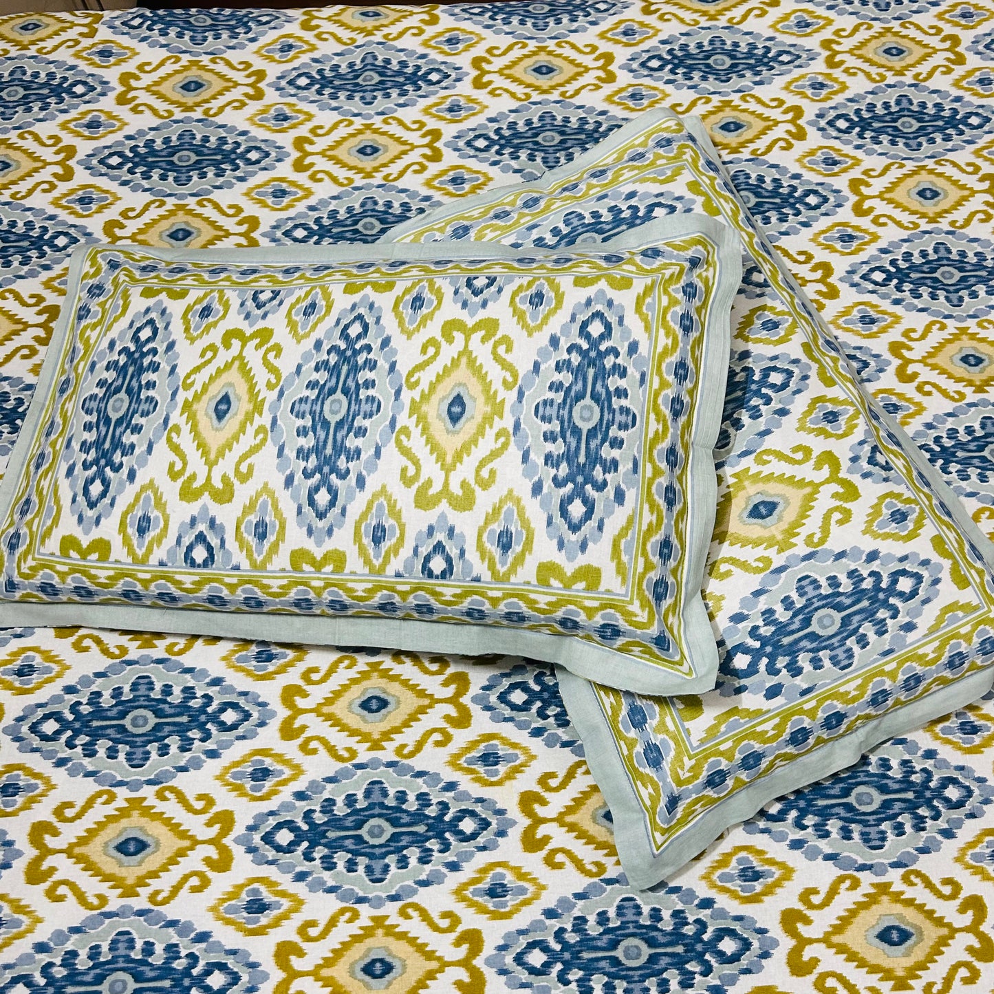 Blue And Yellow Ikkat Print King Size Bedsheet