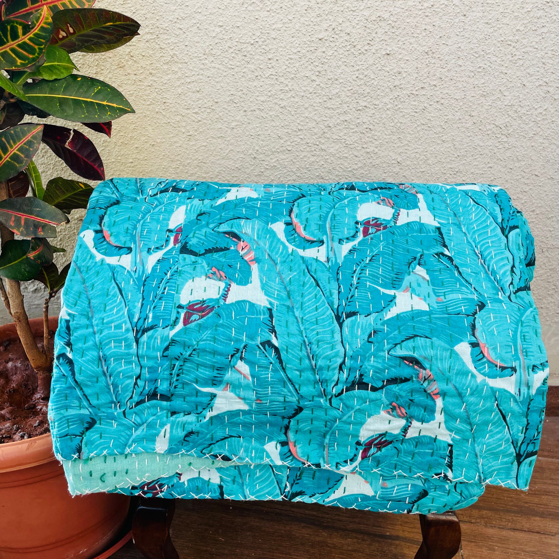 Blue Banana Leaves Print Kantha Work Bedcover