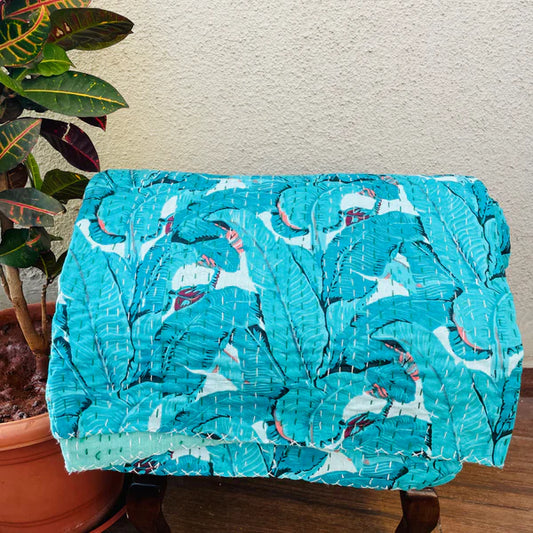 Blue Floral Banana Leaves Kantha Work Handmade Sofa Throw