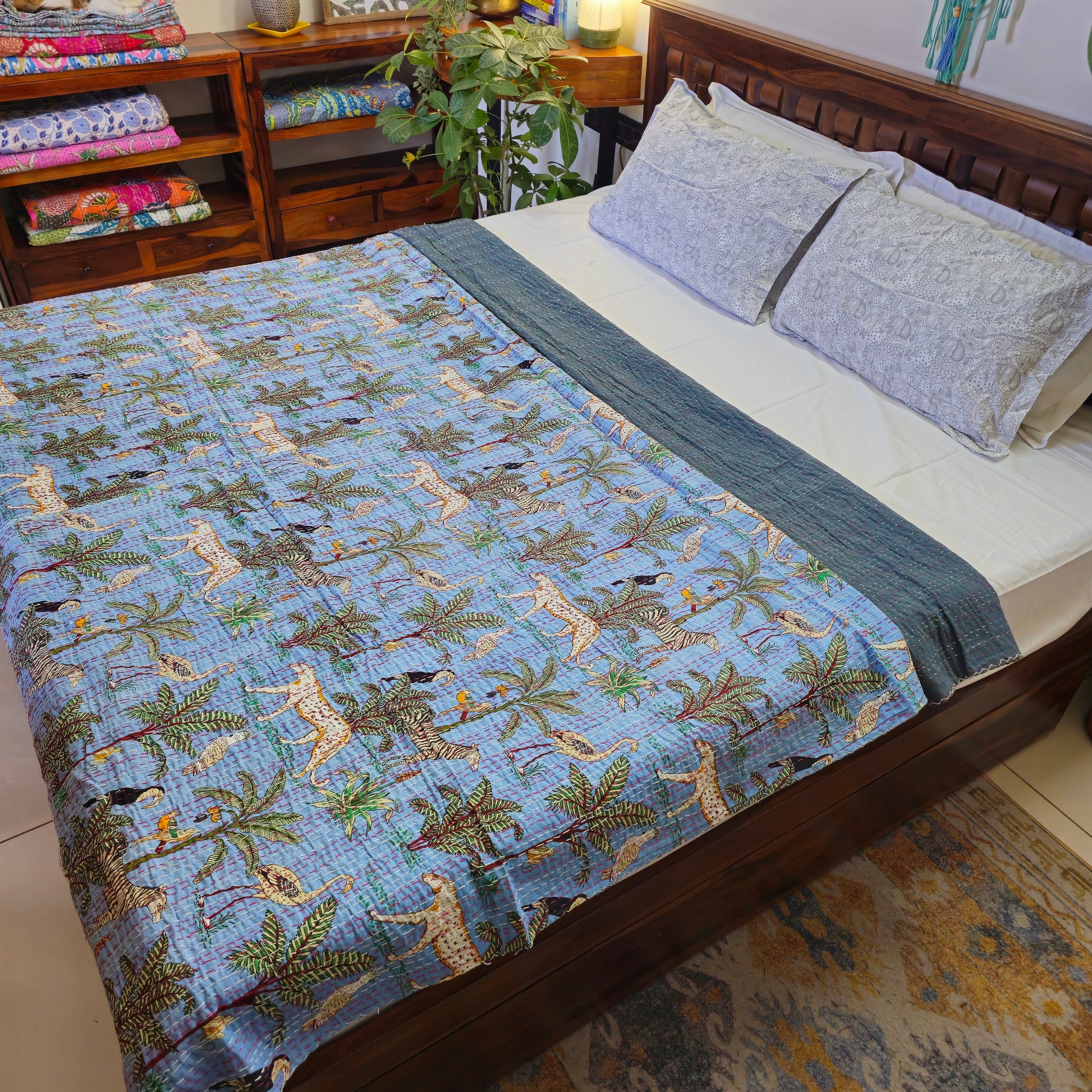 Light Blue And Grey Kantha Work Animal Print Bedcover