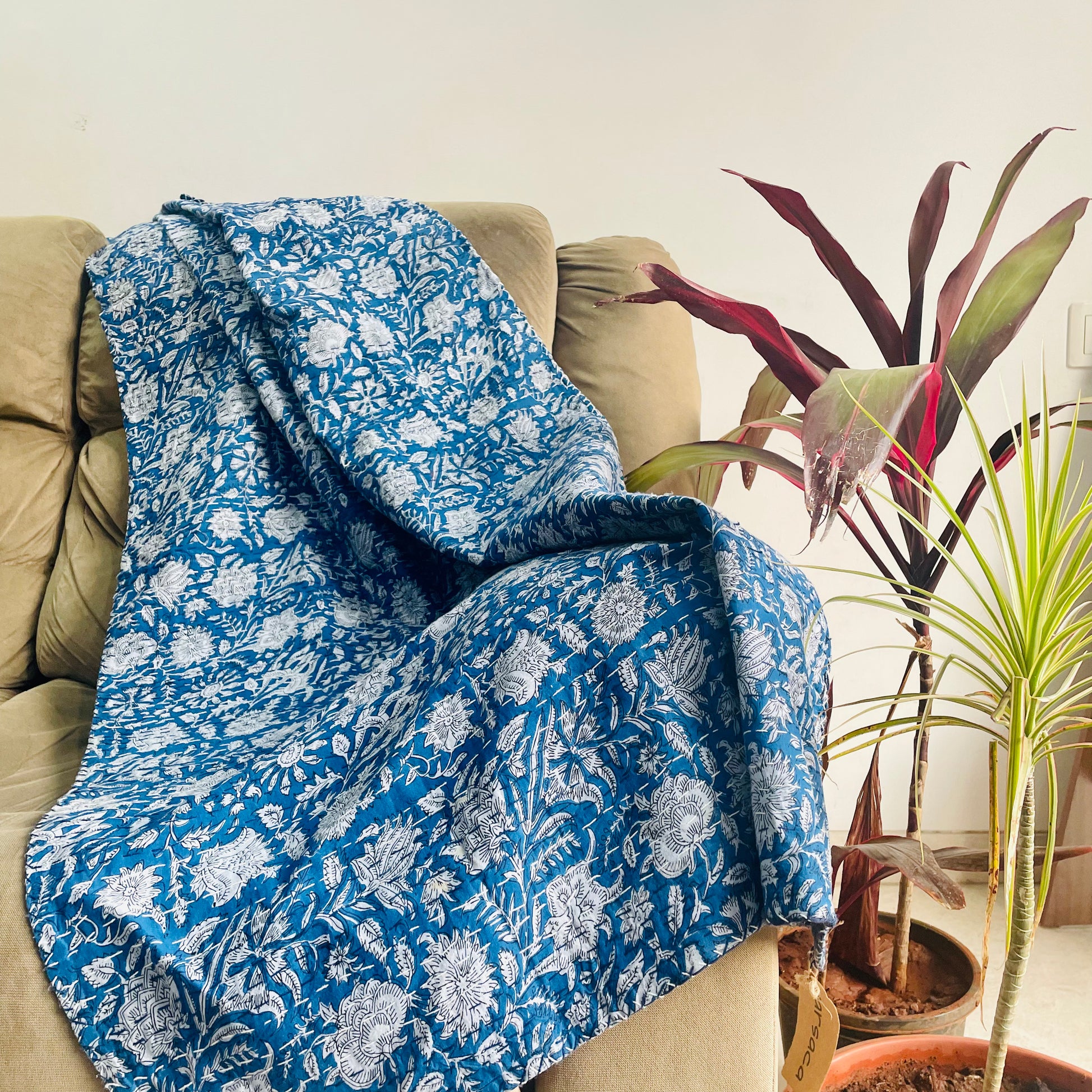 Blue Kantha Work Handmade Sofa Throw