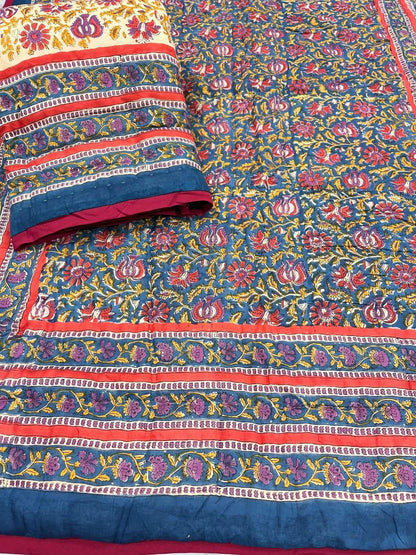 Blue & Red Floral Handblock Cotton Blanket
