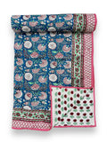 Blue & Red Reversible Floral Dohar – Hand Block Printed Mul Cotton, King Size (90×108″)