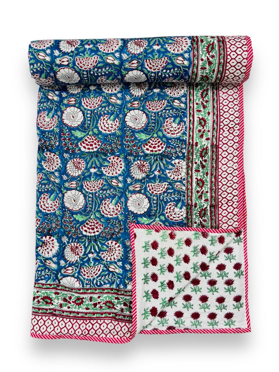 Blue & Red Reversible Floral Dohar – Hand Block Printed Mul Cotton, King Size (90×108″)