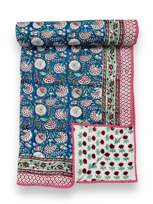 Blue & Red Reversible Floral Dohar – Hand Block Printed Mul Cotton, King Size (90×108″)