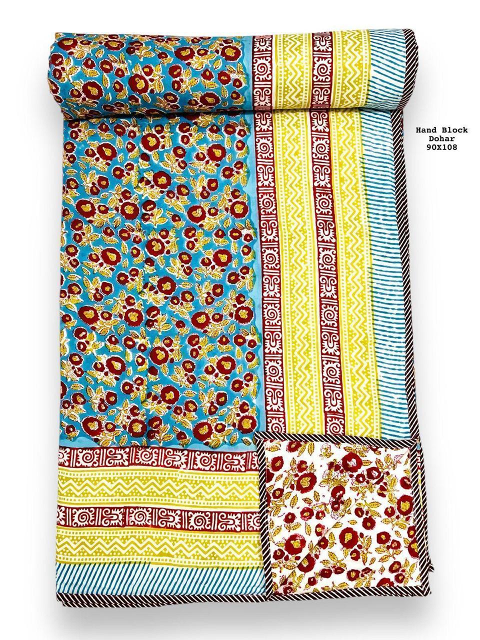 Blue & Red Reversible Mul Cotton Dohar – Hand Block Printed King Size, Machine Washable (90×108″)