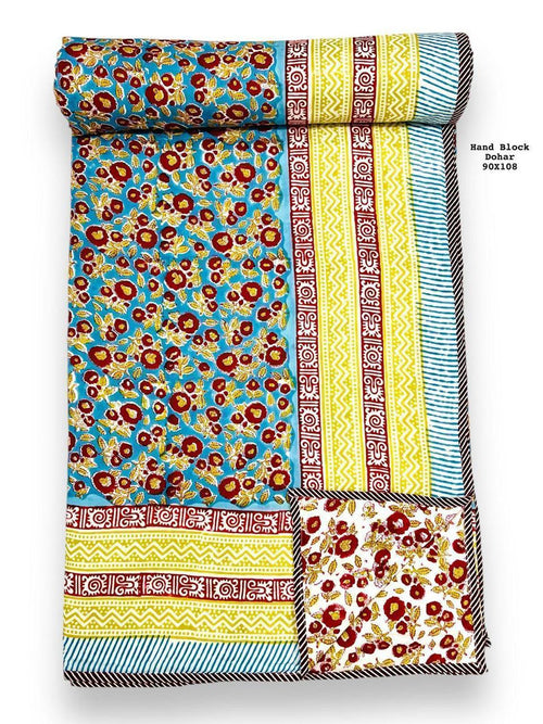 Blue & Red Reversible Mul Cotton Dohar – Hand Block Printed King Size, Machine Washable (90×108″)