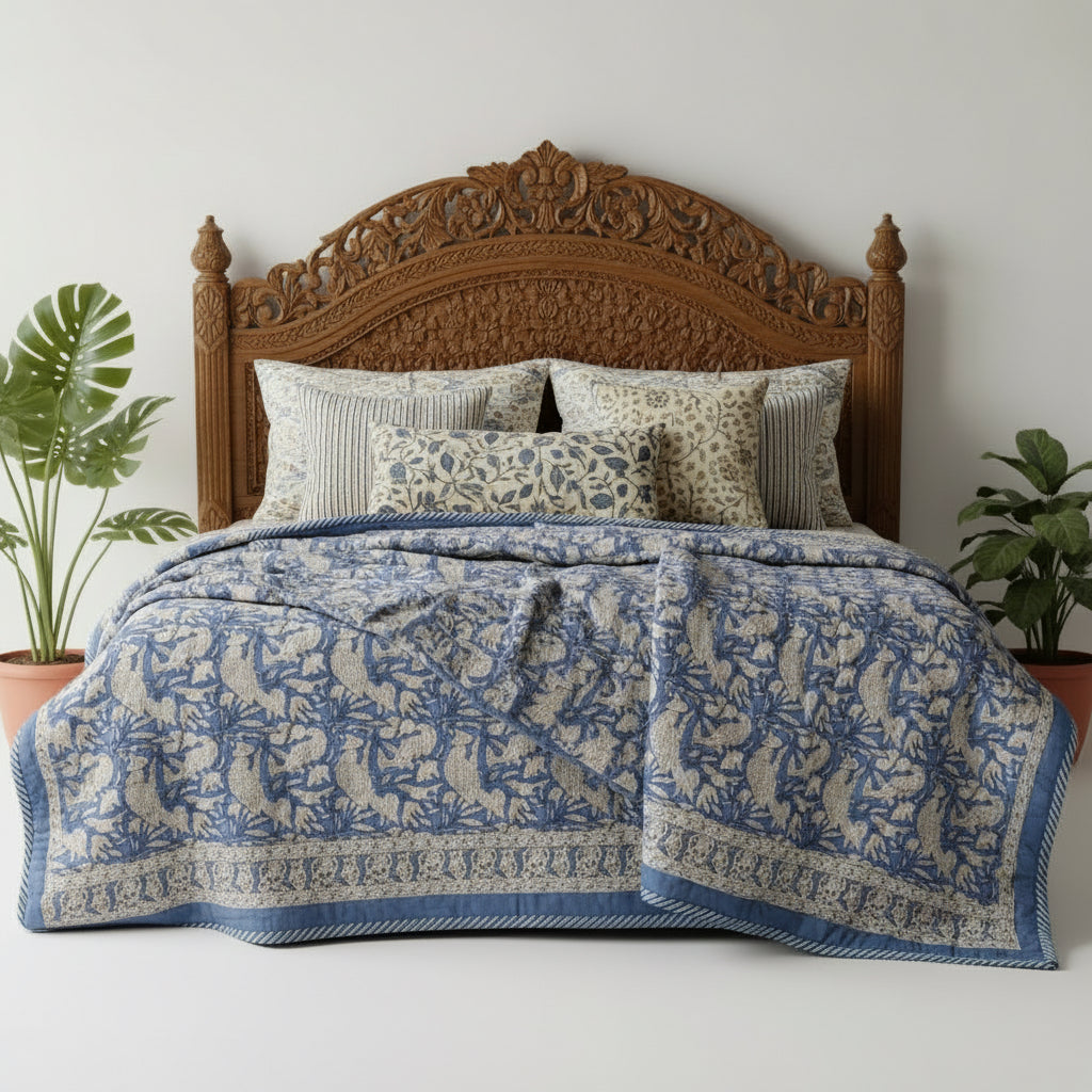 Blue & White Bird Print Reversible Cotton Quilt