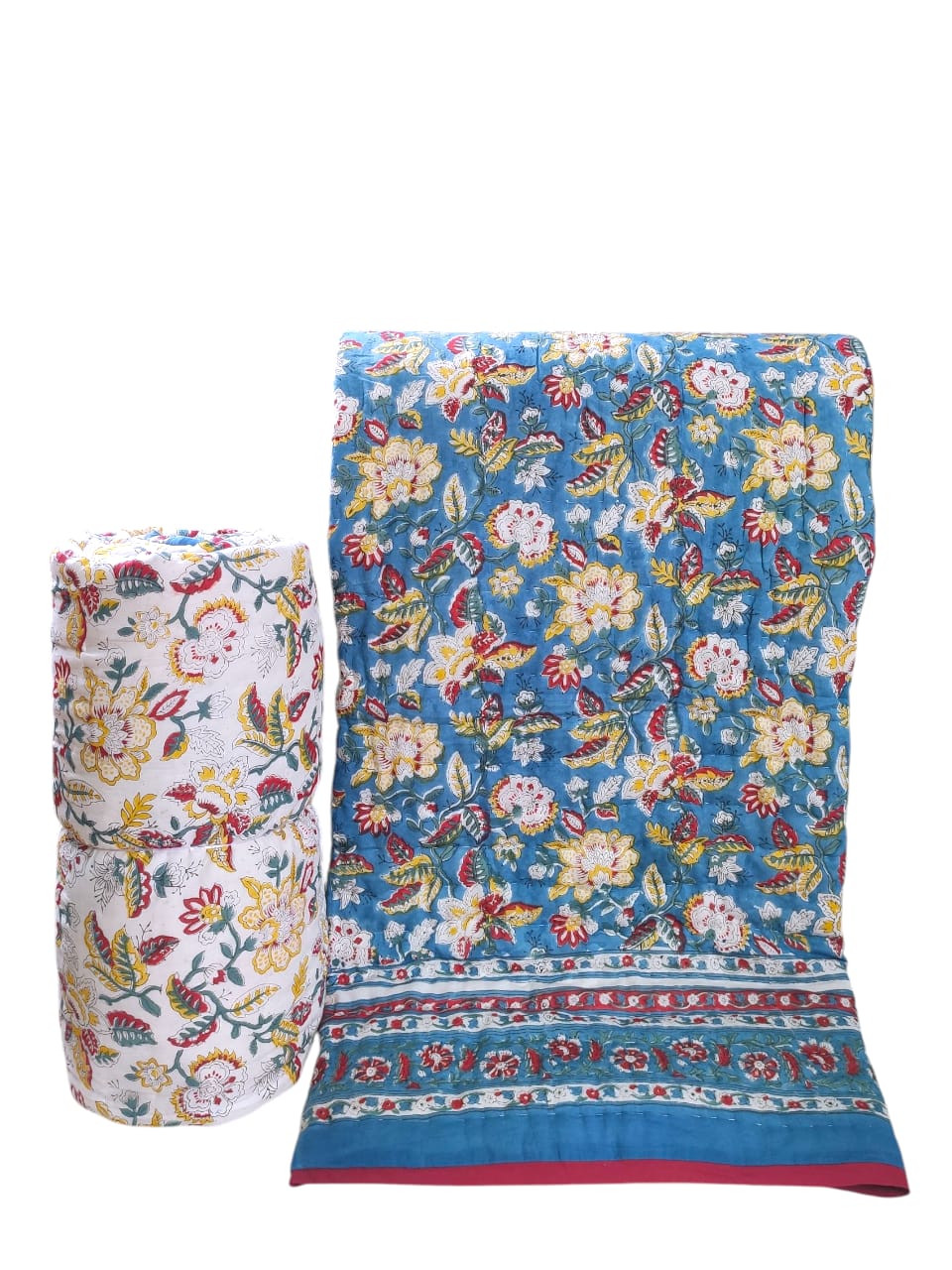 Two floral-patterned towels, one blue and one white with yellow flowers, on a white background.