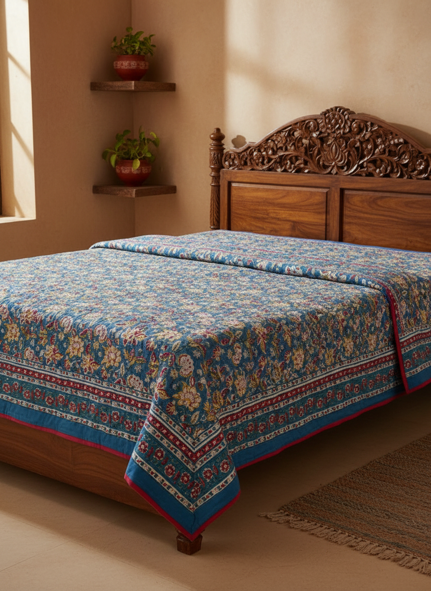 Blue & White Floral Reversible Mul Cotton Quilt | Authentic Jaipuri Razai | King Size (90x100 in)
