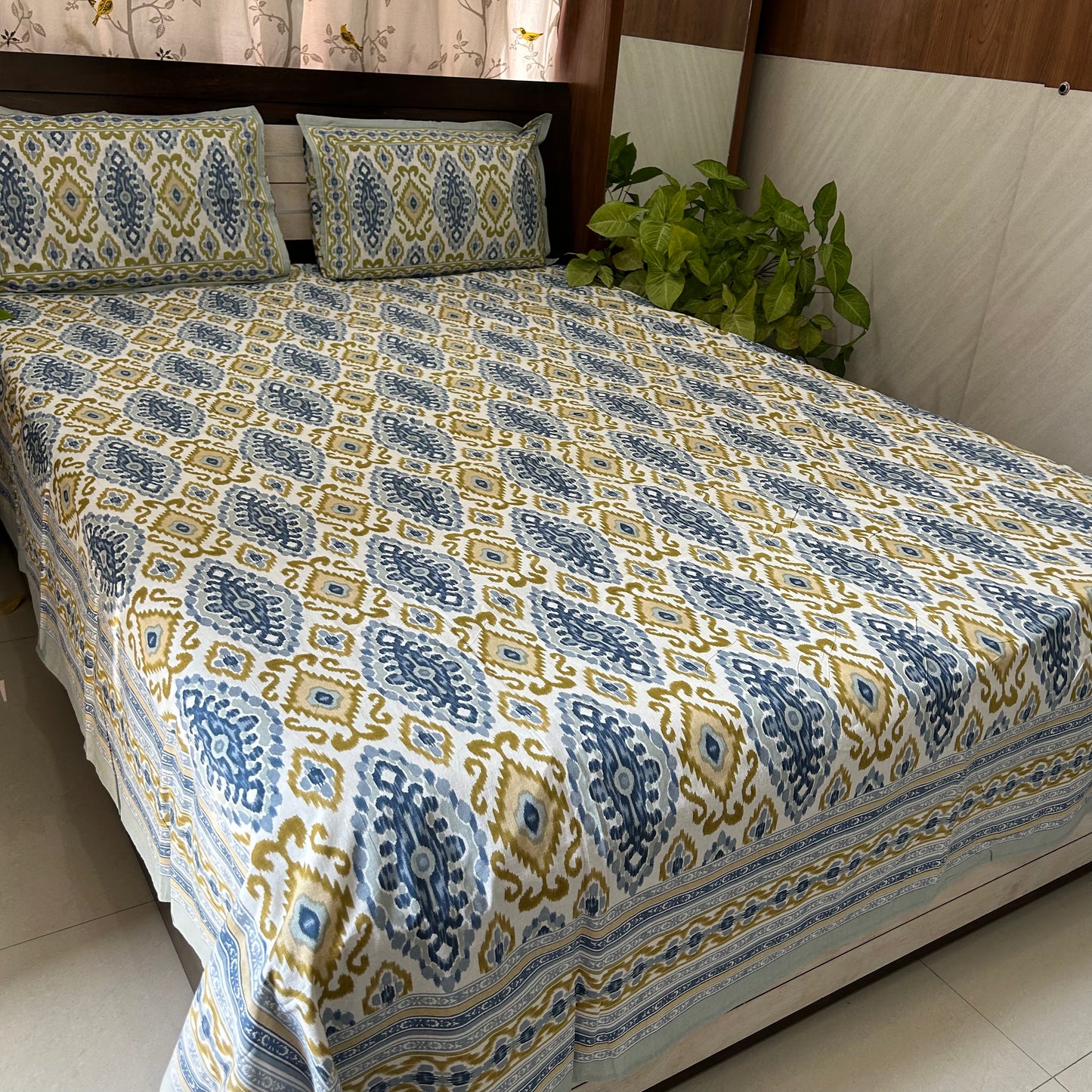 Blue And Yellow Ikkat Print King Size Bedsheet