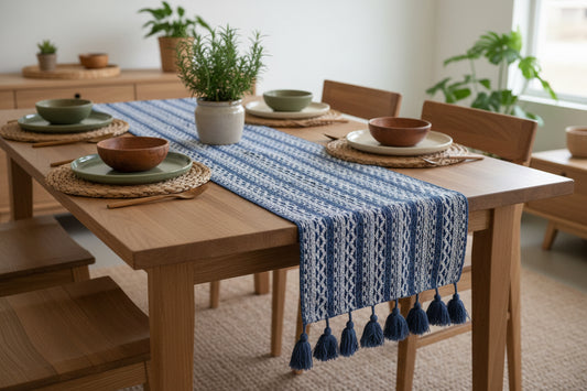 Blue and white handloom jacquard table runner with blue woollen tassels on dining table