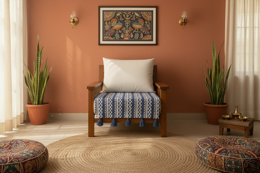 Blue and white zig zag sofa cover styled in modern living room