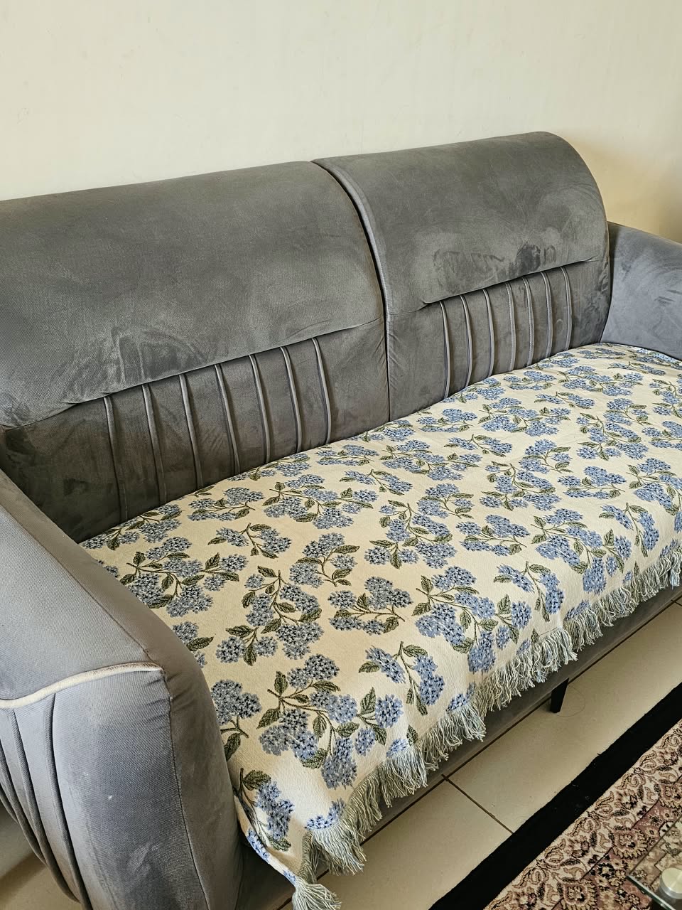 Blue Hydrangea Cotton Sofa Cover | Floral Embroidered Seat Runner with Fringe