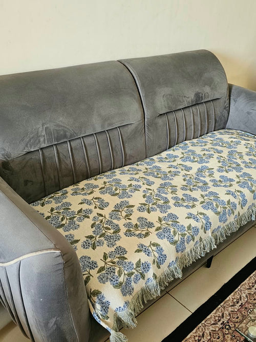 Blue Hydrangea Cotton Sofa Cover | Floral Embroidered Seat Runner with Fringe
