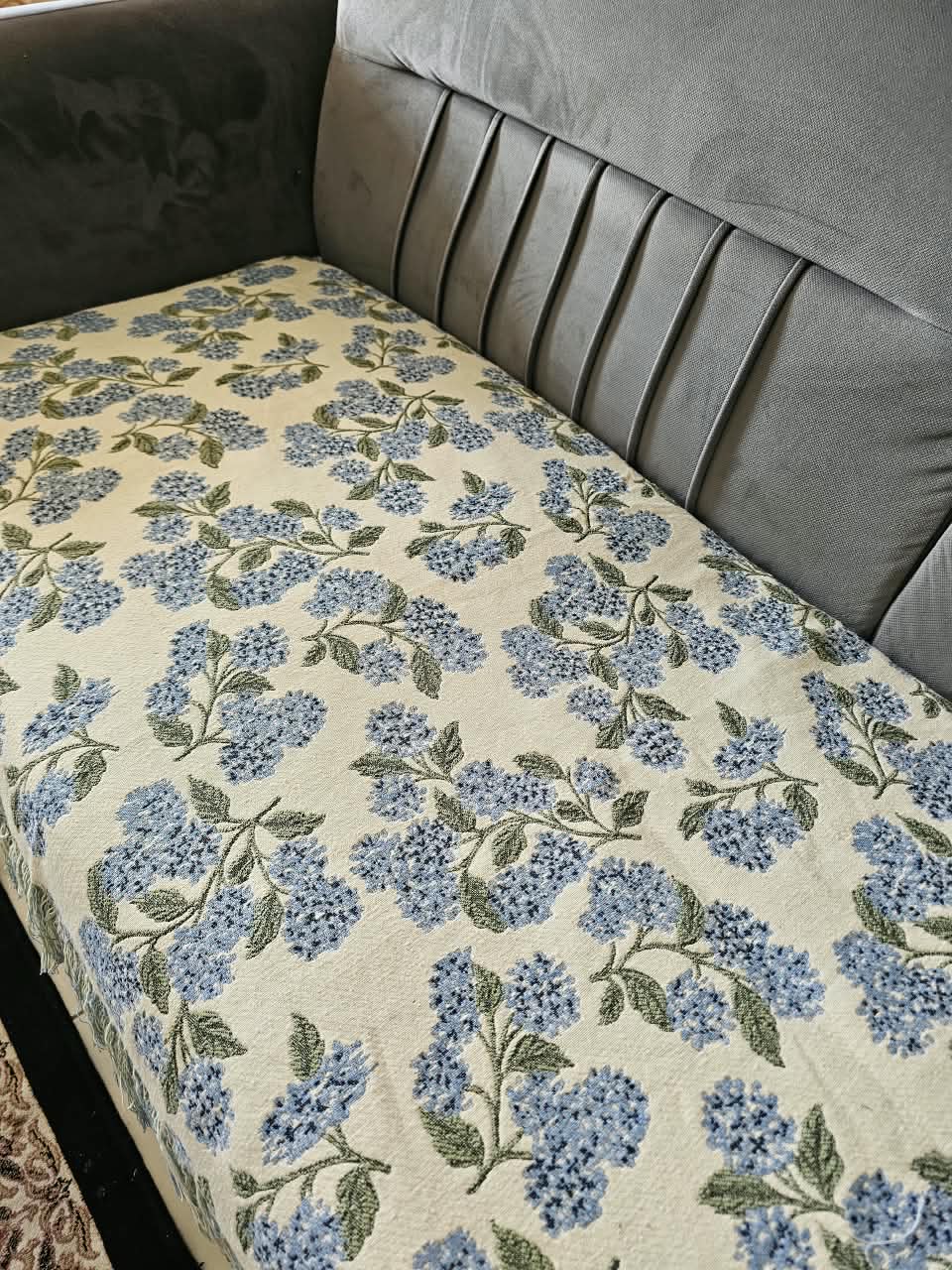 Blue Hydrangea Cotton Sofa Cover | Floral Embroidered Seat Runner with Fringe