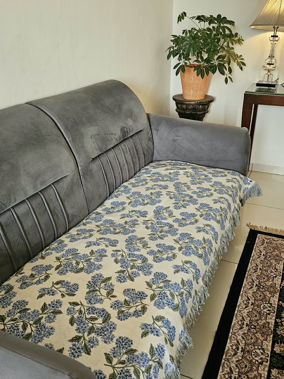 Blue Hydrangea Cotton Sofa Cover | Floral Embroidered Seat Runner with Fringe