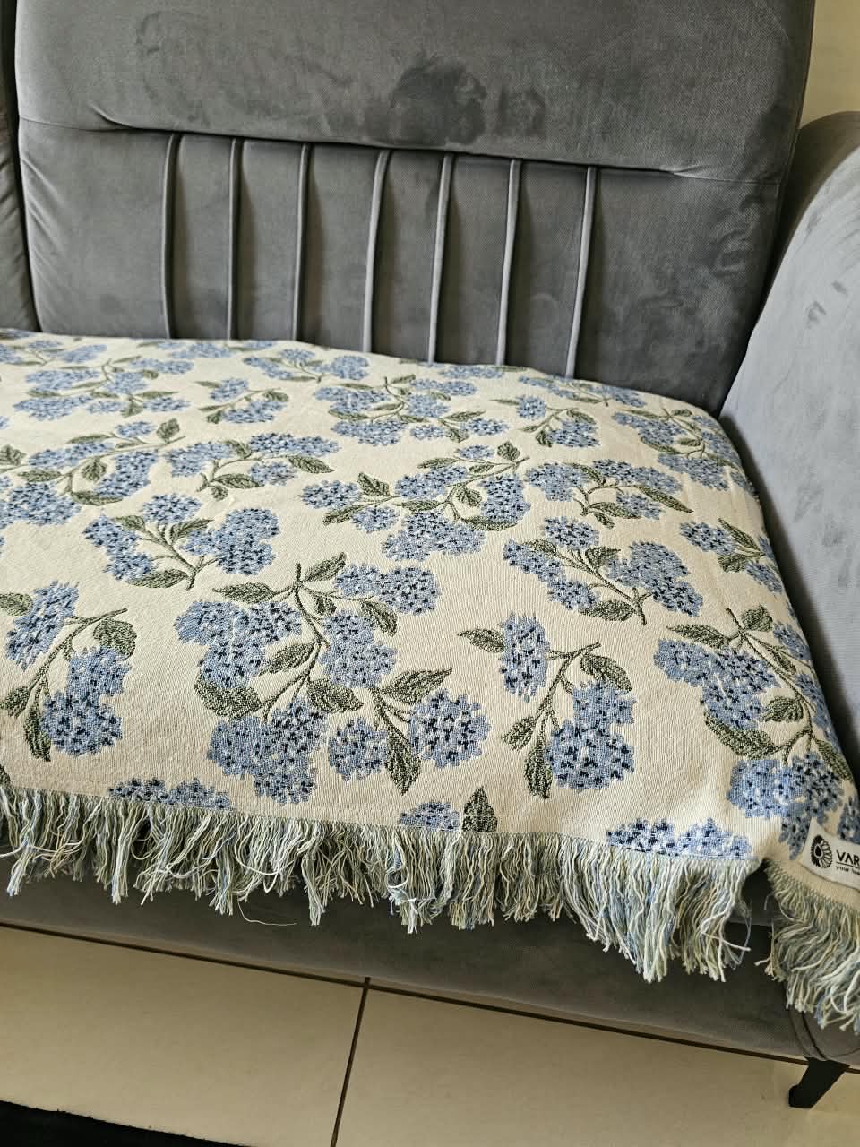 Blue Hydrangea Cotton Sofa Cover | Floral Embroidered Seat Runner with Fringe