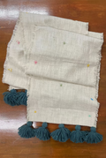 Handmade Embroidered Slub Cotton Table Runner – With Peacock Green/Teal Woollen Tassels