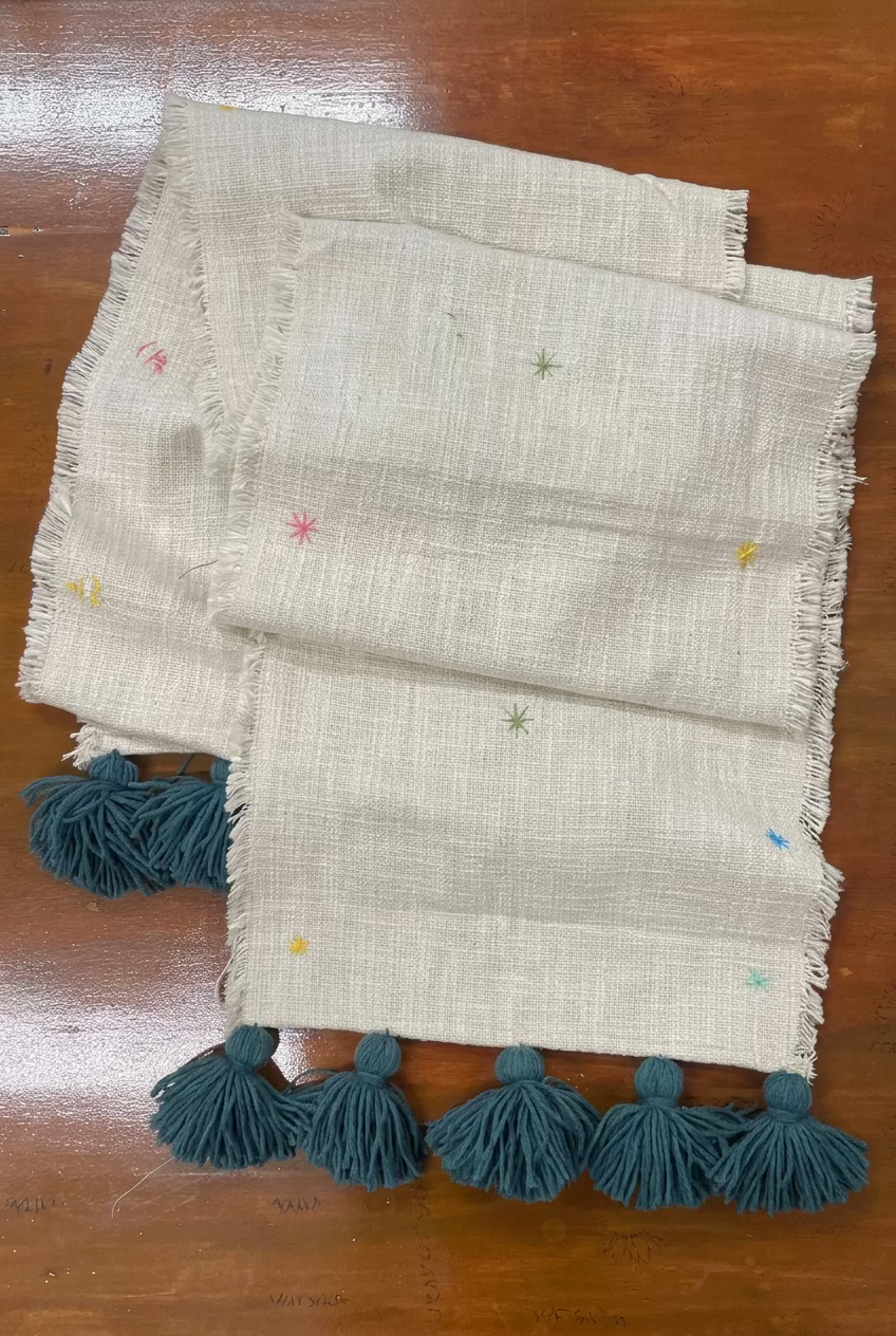 Handmade Embroidered Slub Cotton Table Runner – With Peacock Green/Teal Woollen Tassels