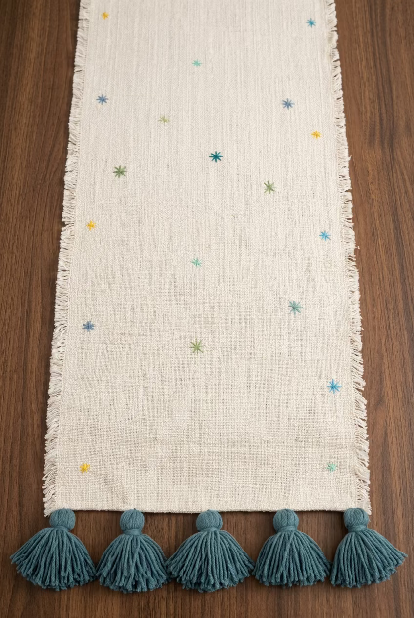 Handmade Embroidered Slub Cotton Table Runner – With Peacock Green/Teal Woollen Tassels