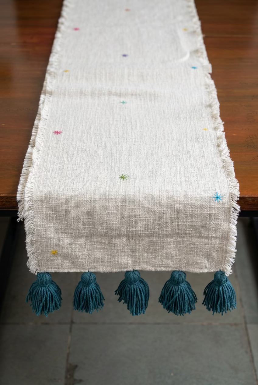 Handmade Embroidered Slub Cotton Table Runner – With Peacock Green/Teal Woollen Tassels