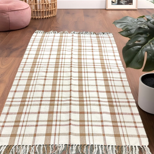 Boho Beige & Rustic Orange Chequered Handloom Cotton Rug 