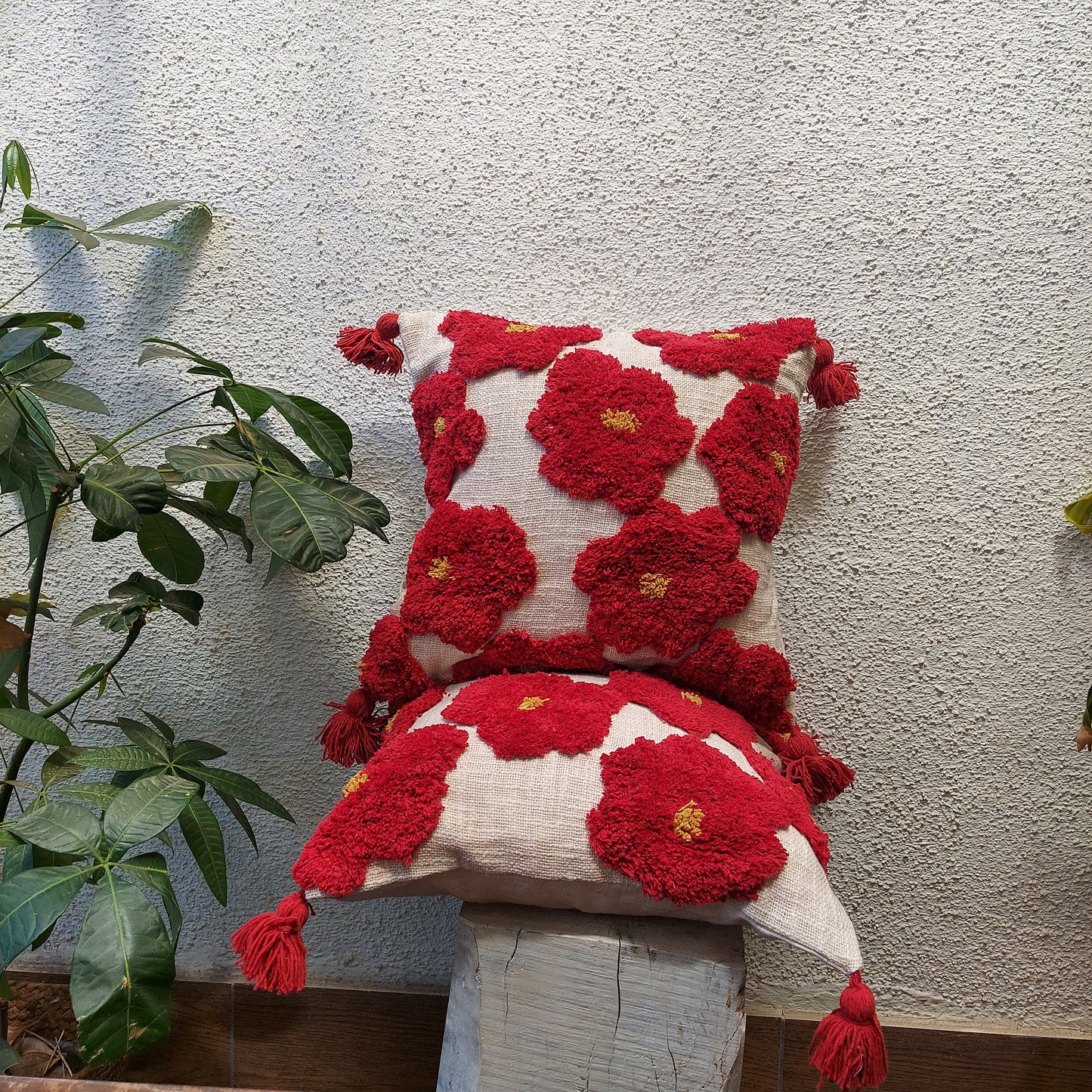 Boho Style Red Handcrafted Cushion Cover With Tassels