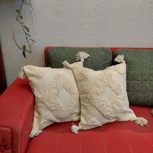 Boho Style Beige Handcrafted Cushion Cover With Tassels