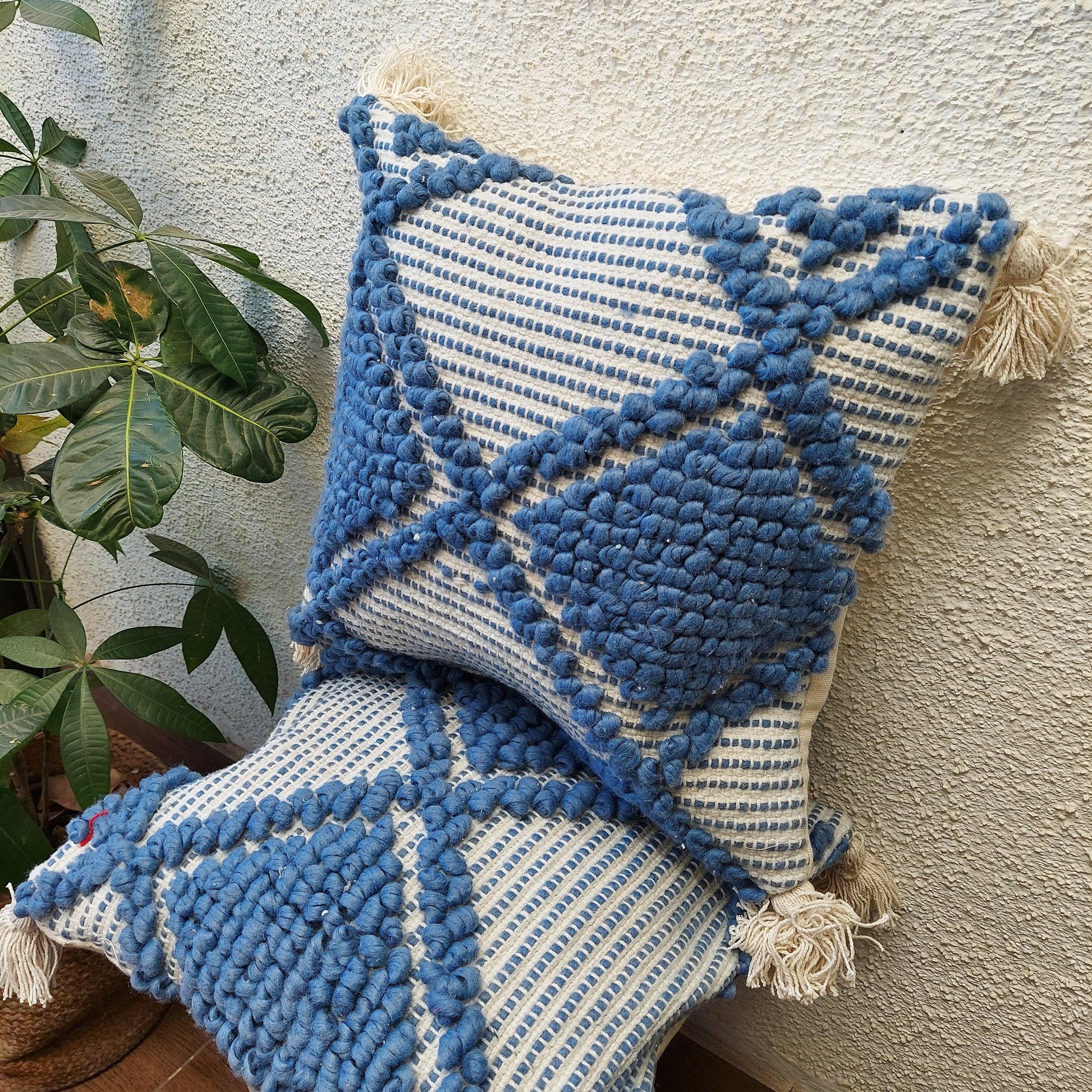 Boho Style Blue And White Handcrafted Cushion Cover With Tassels