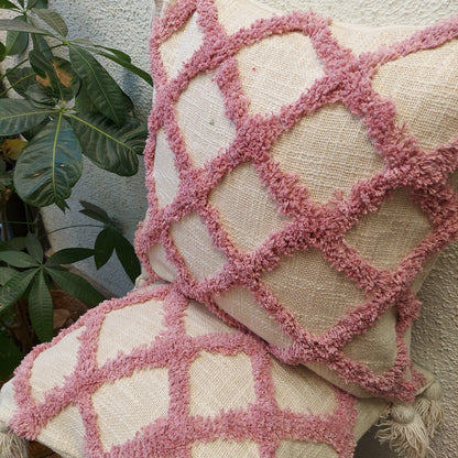 Boho Style Off White And Pink Handcrafted Cushion Cover With Tassels