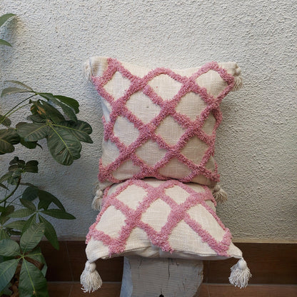 Boho Style Off White And Pink Handcrafted Cushion Cover With Tassels