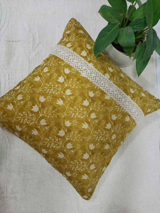 Boho yellow cushion with floral design and lace edging