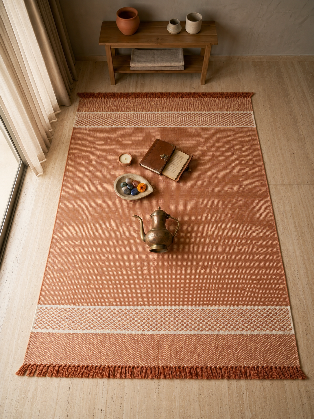 Multiple Sizes | Varsaca Geometric Flatweave Handwoven Cotton Rug | Terracotta, Rust & Cream Artisanal Runner